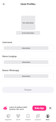 Halaman Ubah Profilku dengan posisi email di bawah foto, sebelum kolom Username. Foto, email, dan isi kolom profil disamarkan.