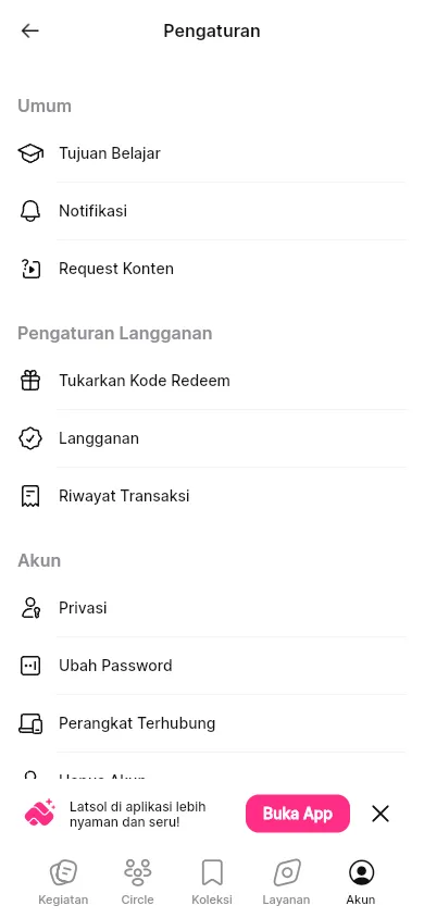 Langganan dan Riwayat Transaksi ada di kelompok Pengaturan Langganan.