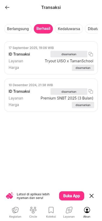 Halaman Transaksi menampilkan tab status dan kartu pembayaran. Detail transaksi contoh disamarkan.