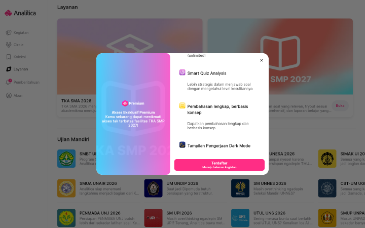 Bagian bawah daftar fasilitas Premium berisi Smart Quiz Analysis, Pembahasan lengkap berbasis konsep, dan Tampilan Pengerjaan Dark Mode.