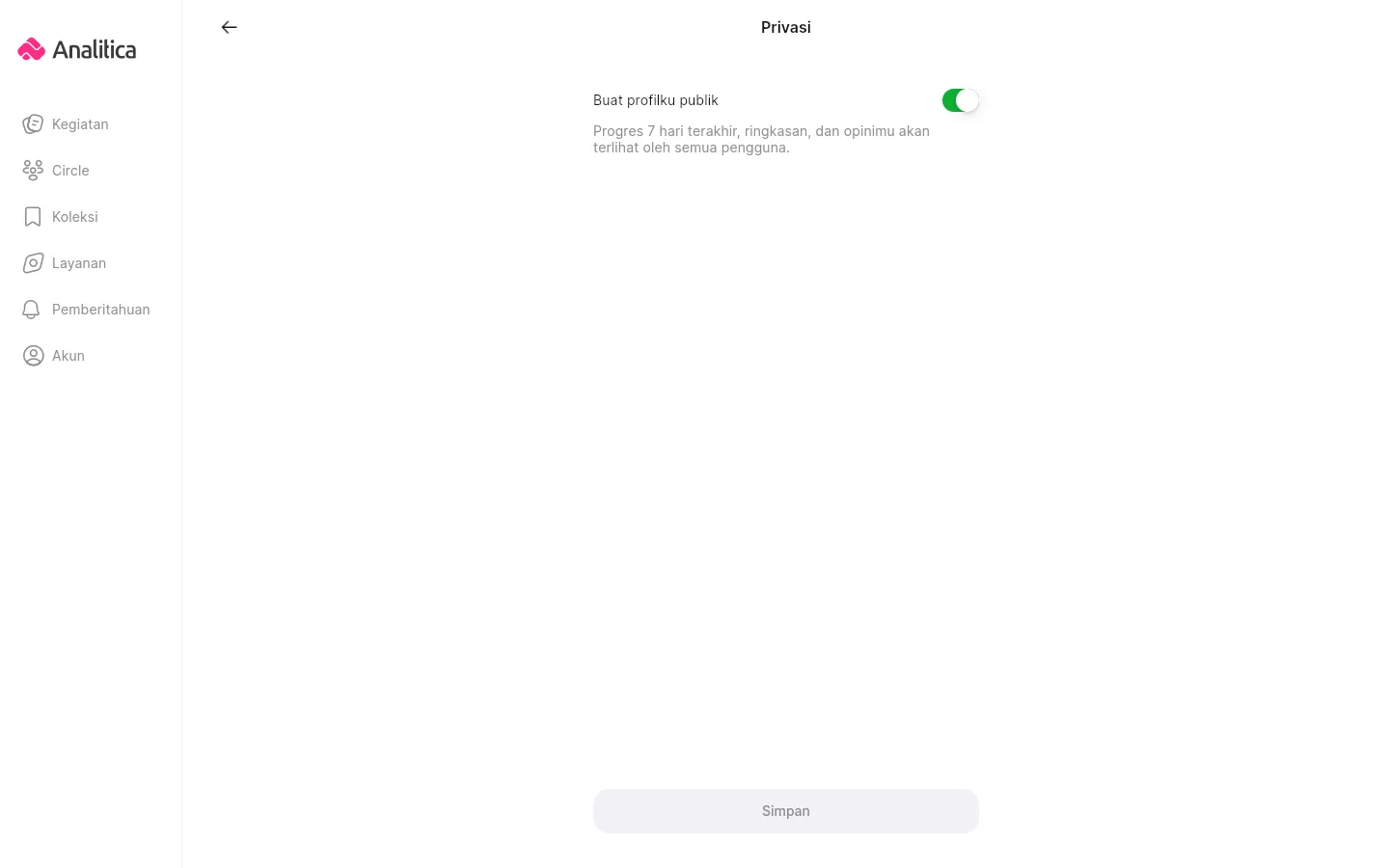 Pengaturan privasi akun dengan tombol toggle untuk membuat profil menjadi publik.