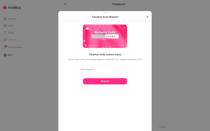 Jendela Tukarkan Kode Redeem berisi gambar kartu Redeem Code, judul Tukarkan kode redeem kamu, satu kolom berlabel Kode Redeem, dan tombol Redeem.