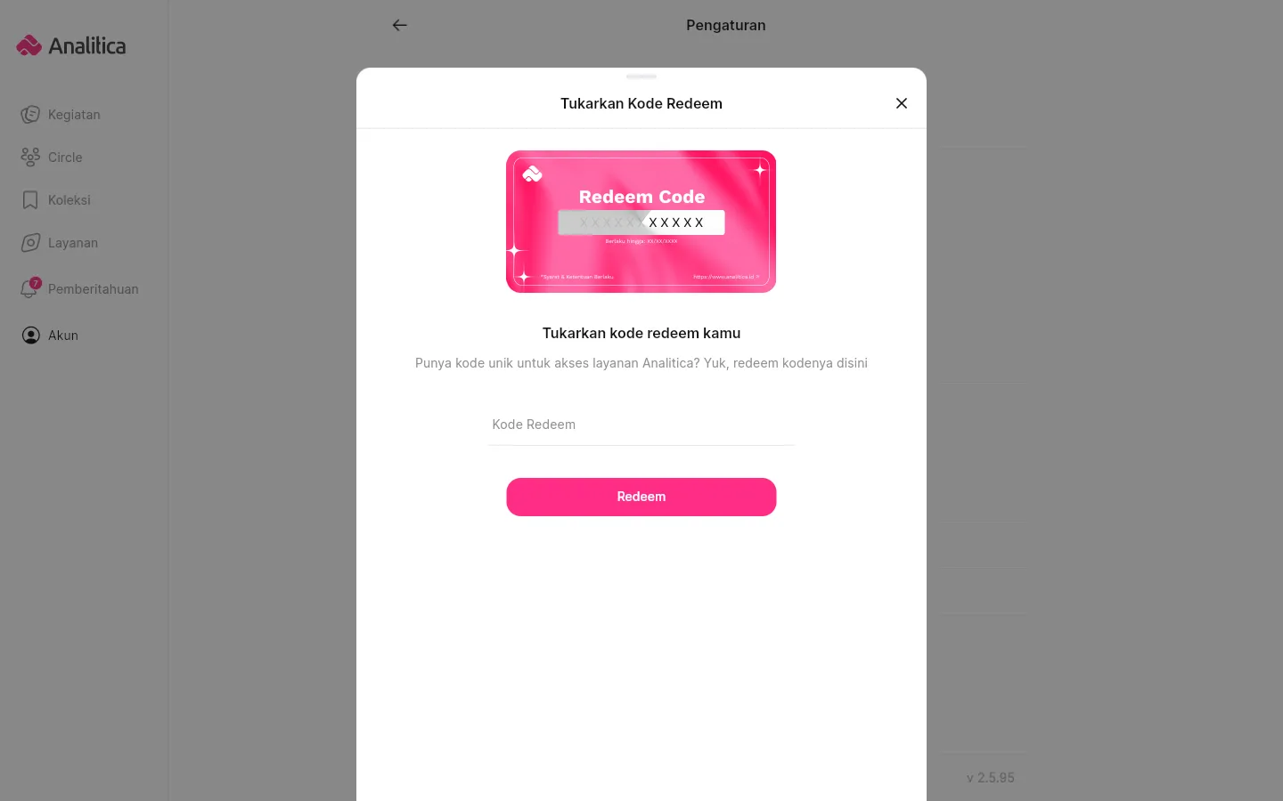 Jendela Tukarkan Kode Redeem berisi gambar kartu Redeem Code, judul Tukarkan kode redeem kamu, satu kolom isian, dan tombol Redeem.