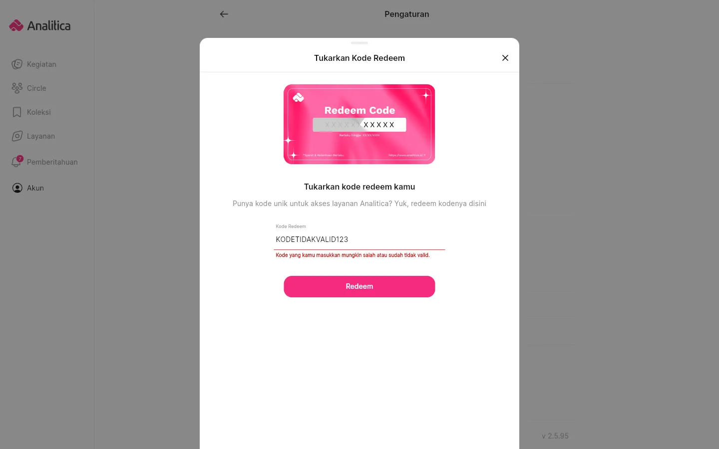 Jendela Tukarkan Kode Redeem dengan kolom isian bergaris merah dan pesan error merah di bawah kolomnya.