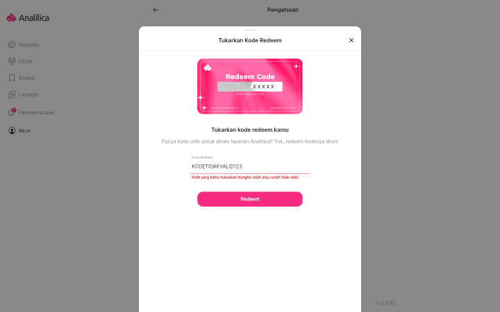 Jendela Tukarkan Kode Redeem dengan kolom isian bergaris merah dan pesan error merah di bawah kolomnya.