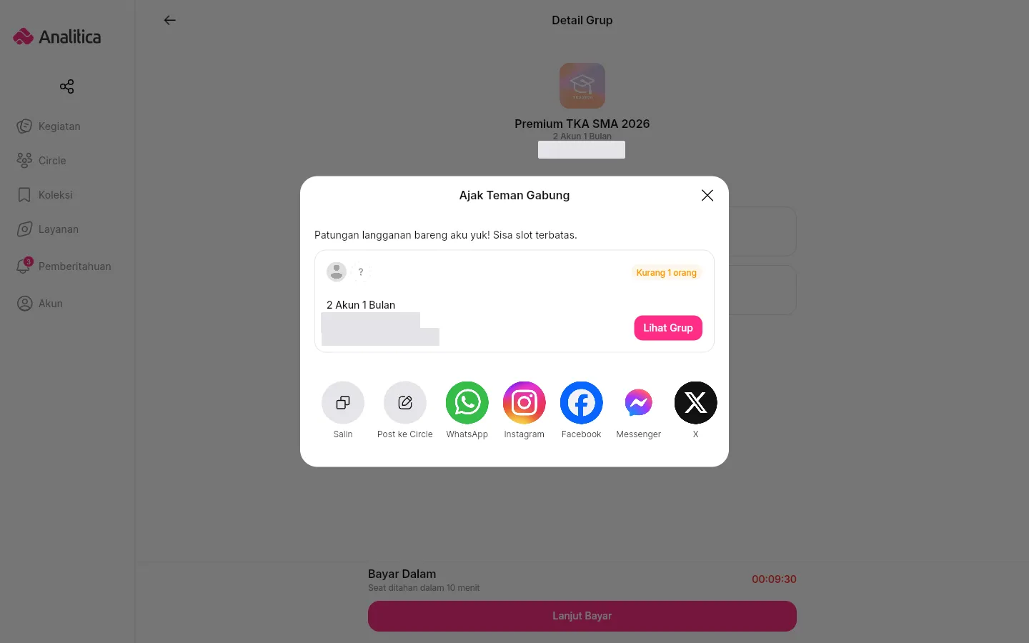 Jendela Ajak Teman Gabung dengan kalimat ajakan, pratinjau kartu grup, dan deretan tujuan berbagi.