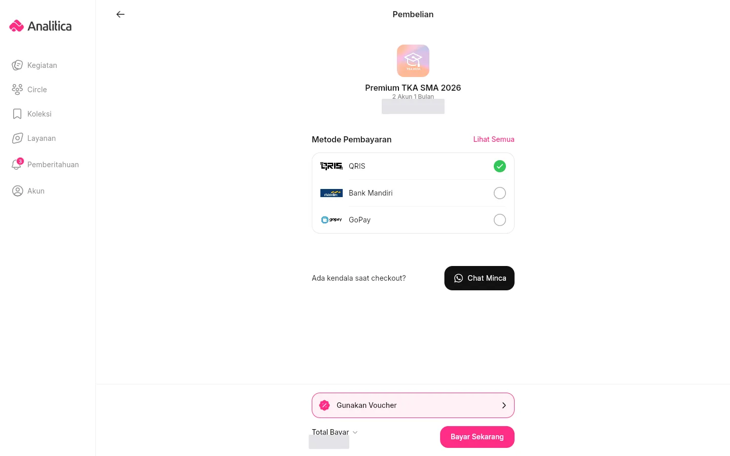 Halaman Pembelian untuk satu kursi patungan, dengan bagian Metode Pembayaran, baris Gunakan Voucher, Total Bayar, dan tombol Bayar Sekarang.