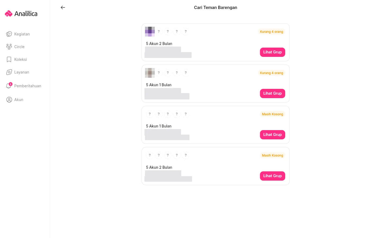 Halaman Cari Teman Barengan berisi empat kartu grup patungan dengan label sisa kursi dan tombol Lihat Grup.