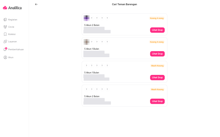 Halaman Cari Teman Barengan berisi empat kartu grup patungan dengan label sisa kursi dan tombol Lihat Grup.