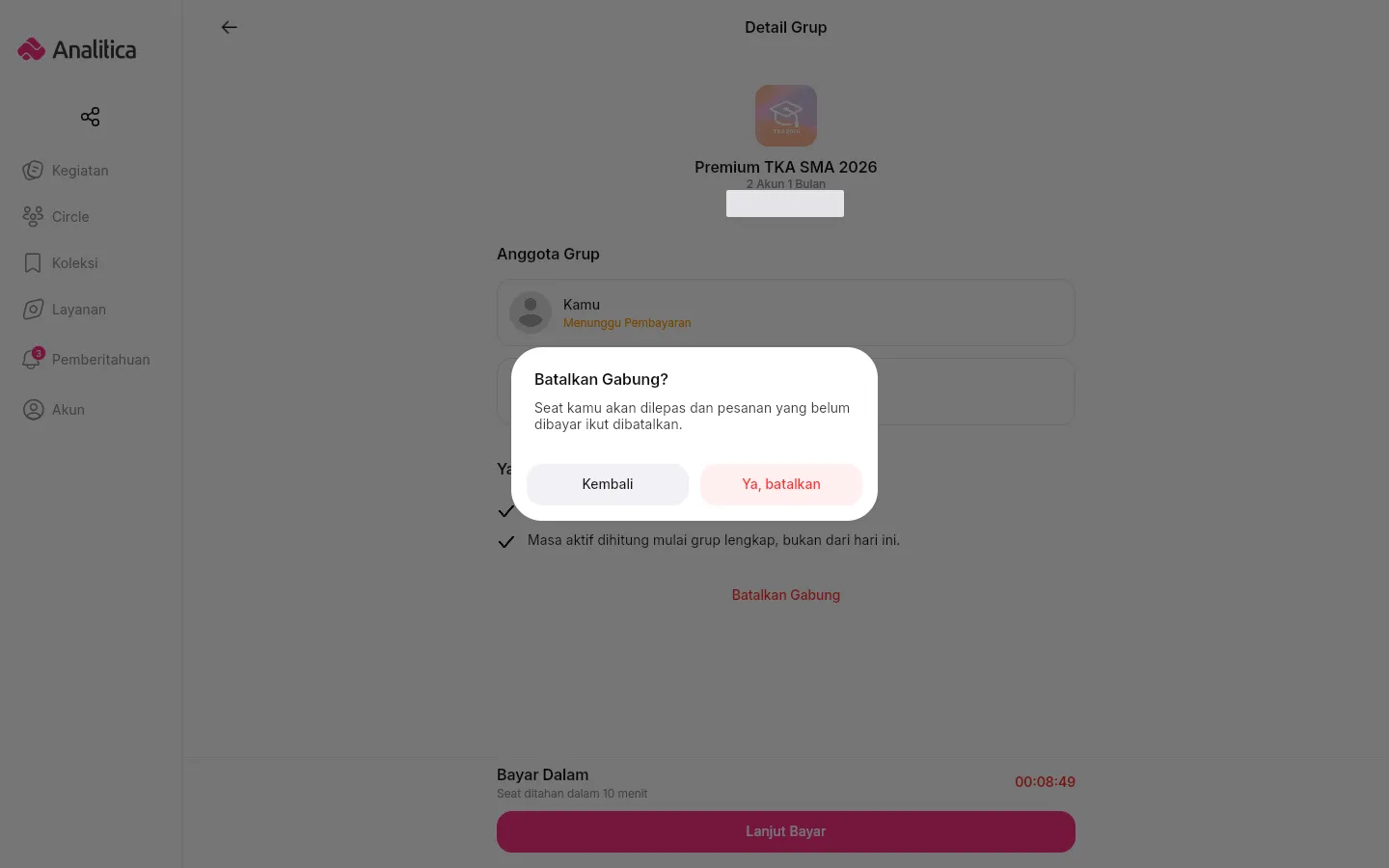 Jendela Batalkan Gabung? di atas halaman Detail Grup, dengan tombol Kembali dan Ya, batalkan.