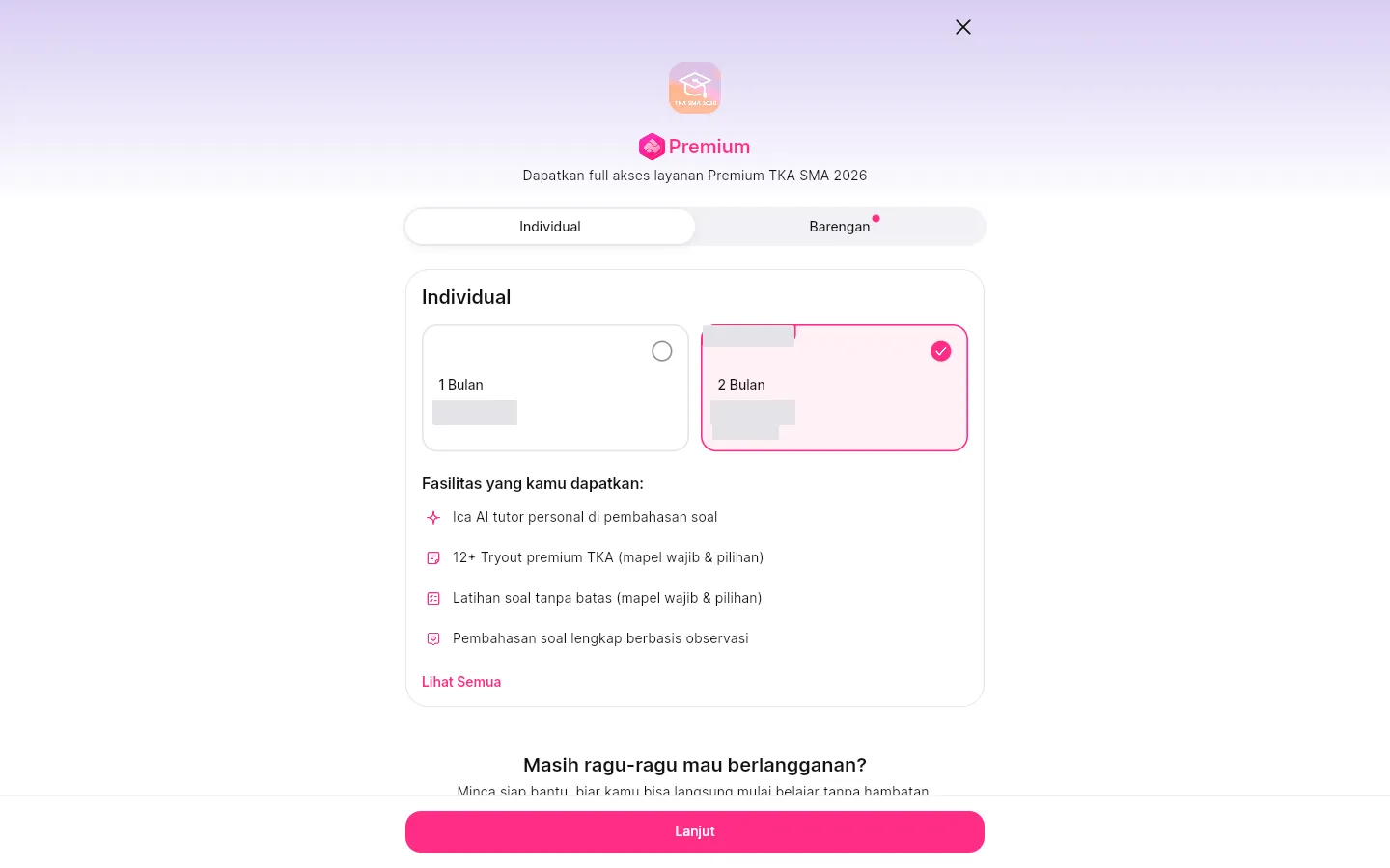 Jendela Premium dengan tab Individual terpilih, daftar paket, dan daftar fasilitas.