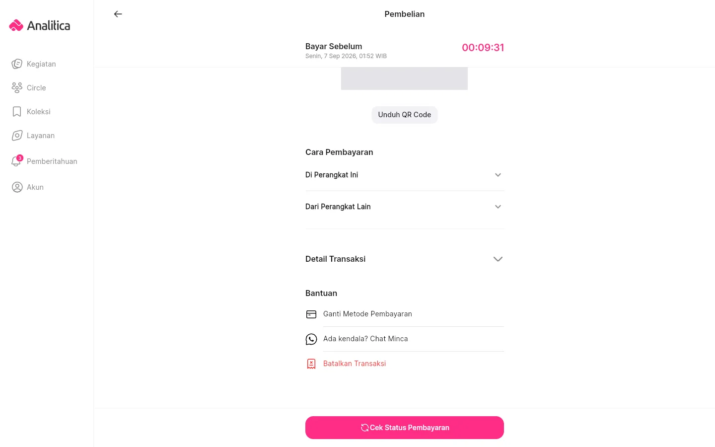 Bagian bawah layar instruksi pembayaran dengan Detail Transaksi dan bagian Bantuan berisi Ganti Metode Pembayaran, Ada kendala? Chat Minca, dan Batalkan Transaksi.