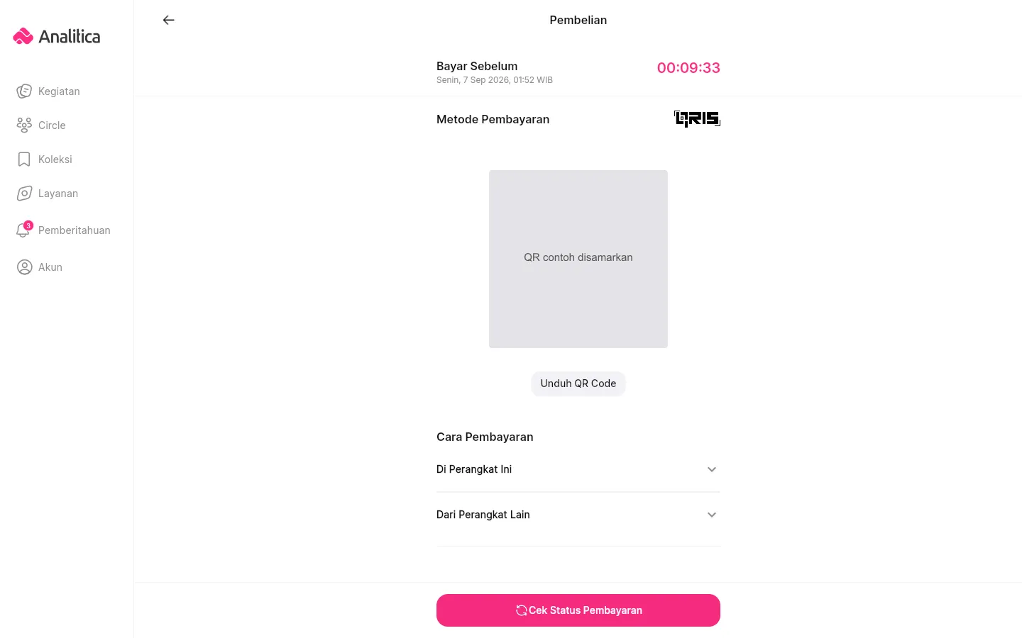 Layar instruksi pembayaran QRIS dengan baris Bayar Sebelum, hitungan mundur, QR code, tombol Unduh QR Code, dan tombol Cek Status Pembayaran.