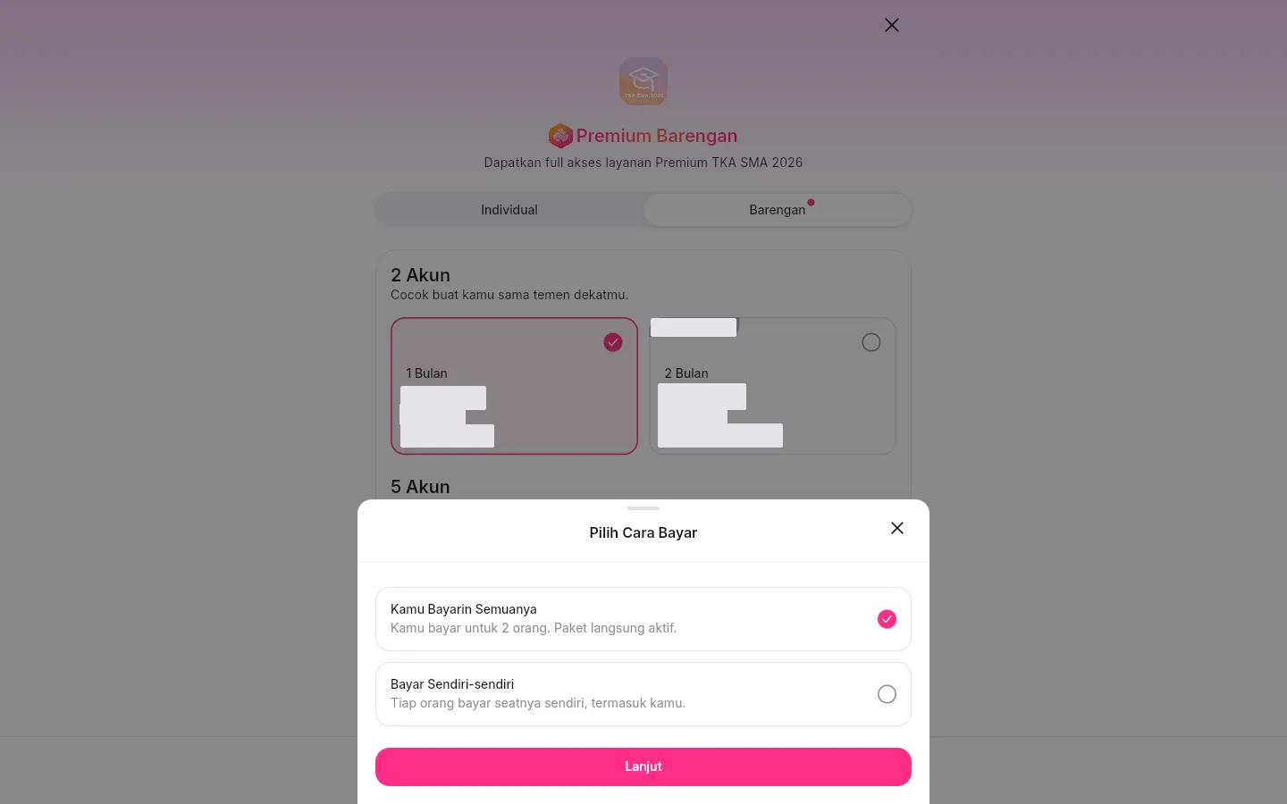 Lembar Pilih Cara Bayar dengan pilihan Kamu Bayarin Semuanya yang tercentang.