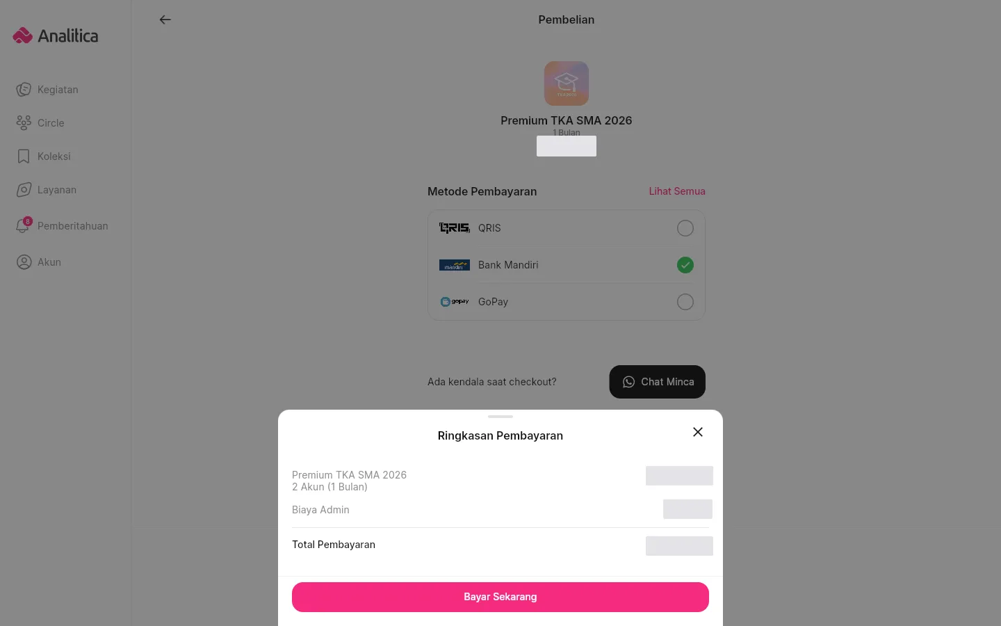 Lembar Ringkasan Pembayaran berisi nama paket, baris Biaya Admin, dan Total Pembayaran.