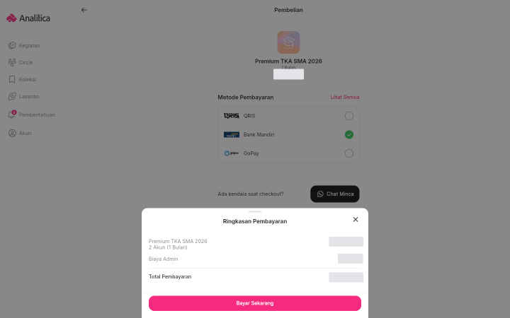 Lembar Ringkasan Pembayaran berisi nama paket, baris Biaya Admin, dan Total Pembayaran.
