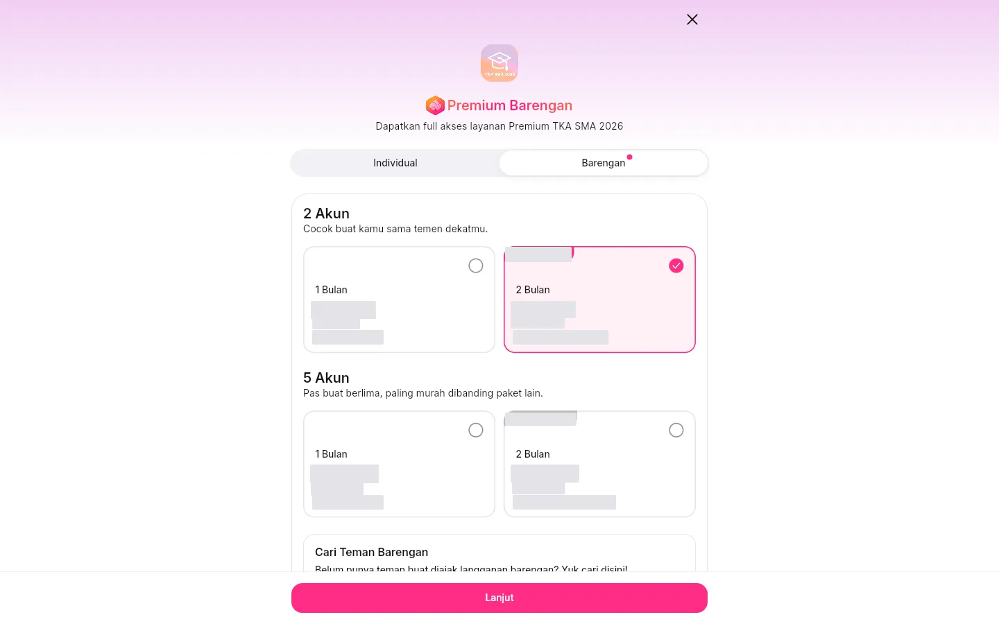 Tab Barengan menampilkan kelompok paket 2 Akun dan 5 Akun beserta pilihan durasinya.