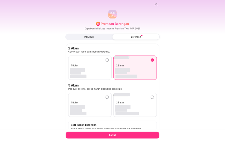 Tab Barengan di jendela Premium menampilkan kelompok paket 2 Akun dan 5 Akun beserta pilihan durasinya.