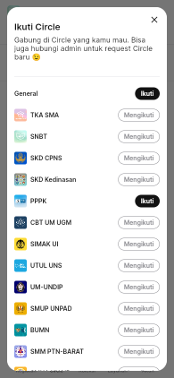Jendela Ikuti Circle dengan daftar layanan dan kampus, serta tombol Ikuti atau Mengikuti.