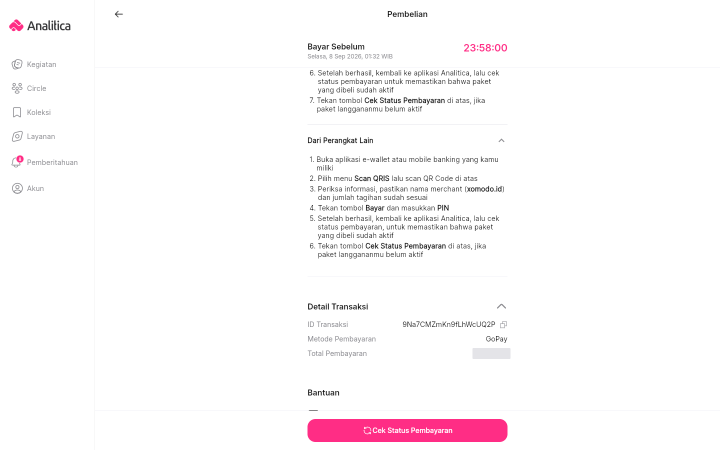Bagian Detail Transaksi terbuka di layar instruksi pembayaran, memperlihatkan baris ID Transaksi dengan ikon salin, baris Metode Pembayaran, dan baris Total Pembayaran.