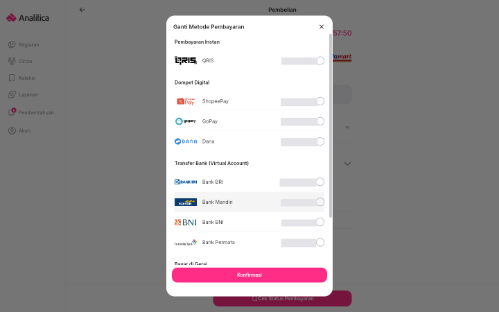 Jendela Ganti Metode Pembayaran berisi daftar metode dalam kelompok Pembayaran Instan, Dompet Digital, dan Transfer Bank Virtual Account, masing-masing dengan label biaya admin dan tombol pilihan.