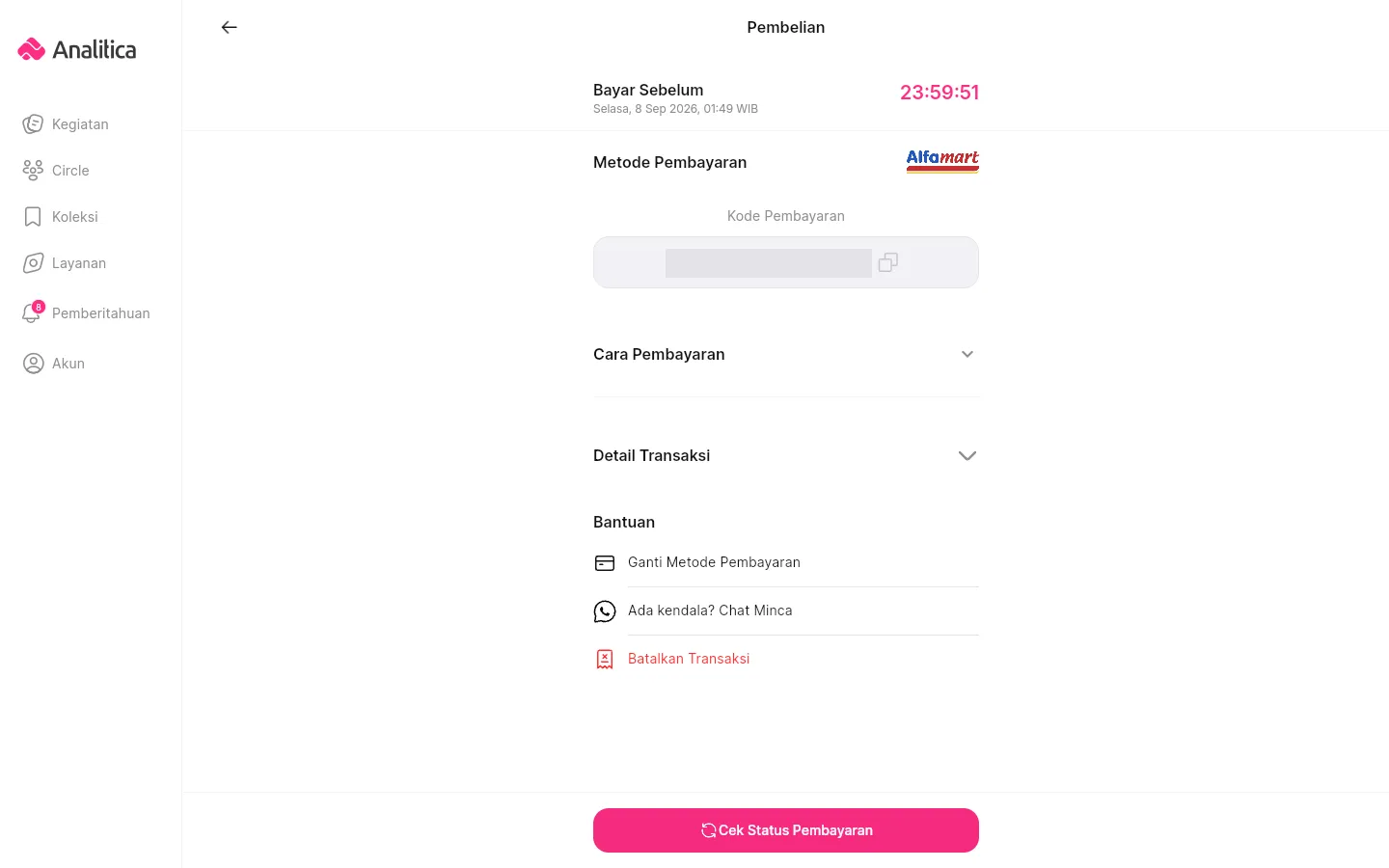 Gunakan Kode Pembayaran pada tagihanmu untuk membayar di gerai. Kode contoh disamarkan.
