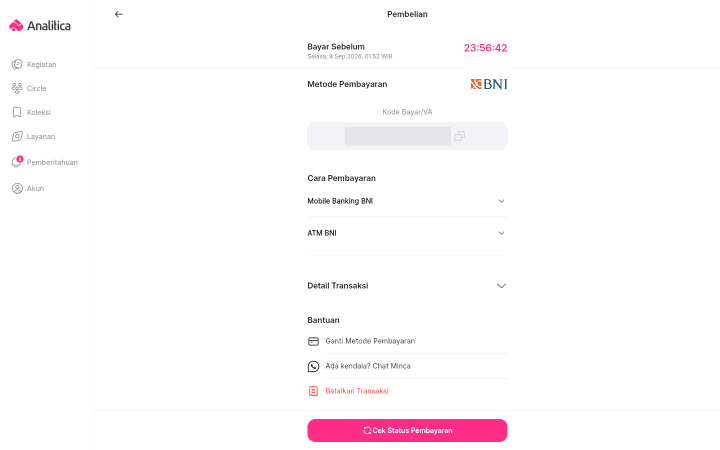 Layar instruksi pembayaran sesudah metodenya diganti ke Bank BNI, memperlihatkan kotak Kode Bayar/VA baru dan panduan Cara Pembayaran khusus BNI.