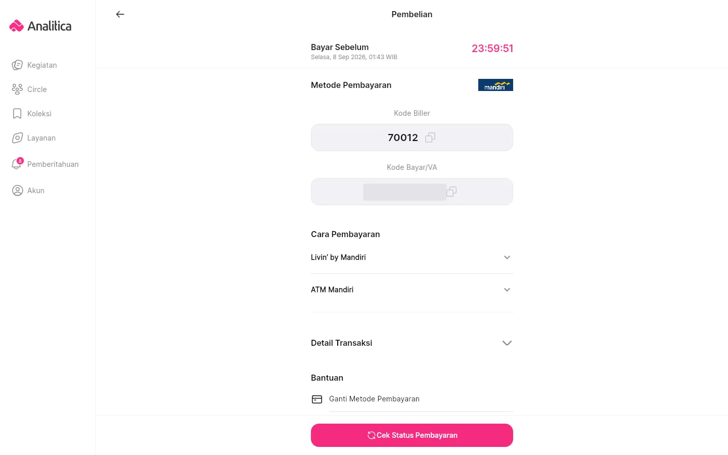 Tagihan Mandiri menampilkan Kode Biller dan Kode Bayar/VA. Kode contoh disamarkan.