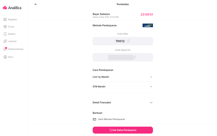 Tagihan Mandiri menampilkan Kode Biller dan Kode Bayar/VA. Kode contoh disamarkan.