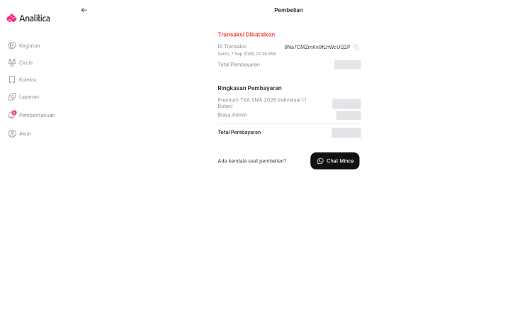 Layar Transaksi Dibatalkan berisi ID Transaksi, waktu pembatalan, Total Pembayaran, dan bagian Ringkasan Pembayaran berisi harga paket, Biaya Admin, dan Total Pembayaran.