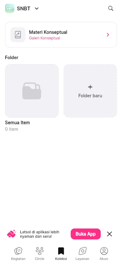 Koleksi memuat pintasan Materi Konseptual dan folder Semua Item di bawah nama layanan.
