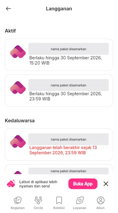 Periksa tanggal dan jam berakhir pada layananmu. Detail paket contoh disamarkan.