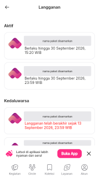 Halaman Langganan dengan kelompok Aktif berisi dua kartu bertanggal Berlaku hingga, dan kelompok Kedaluwarsa berisi beberapa kartu yang masa aktifnya sudah lewat.
