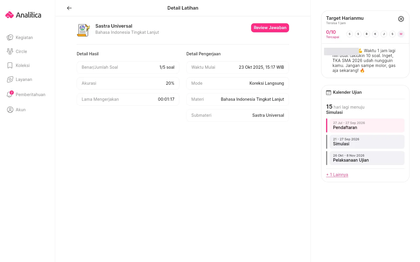 Halaman Detail Latihan dengan kolom Detail Hasil berisi Benar per Jumlah Soal, Akurasi, dan Lama Mengerjakan, serta kolom Detail Pengerjaan berisi Waktu Mulai, Mode, Materi, dan Submateri.