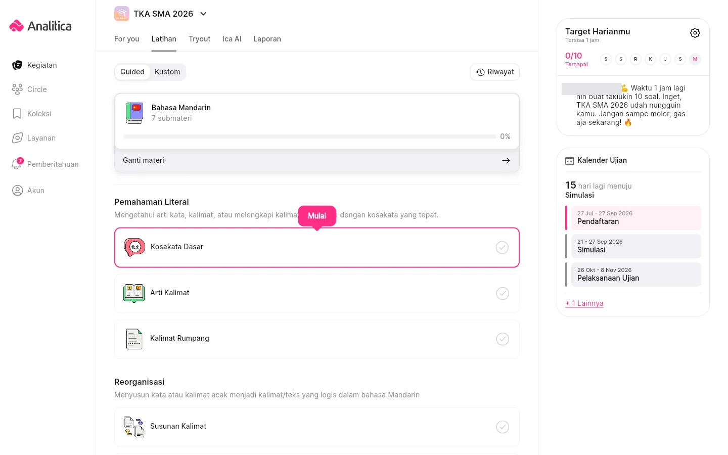 Tab Latihan mode Guided dengan kartu mata pelajaran aktif di atas dan daftar submateri per topik di bawahnya; satu kartu submateri tersorot dengan tombol Mulai.
