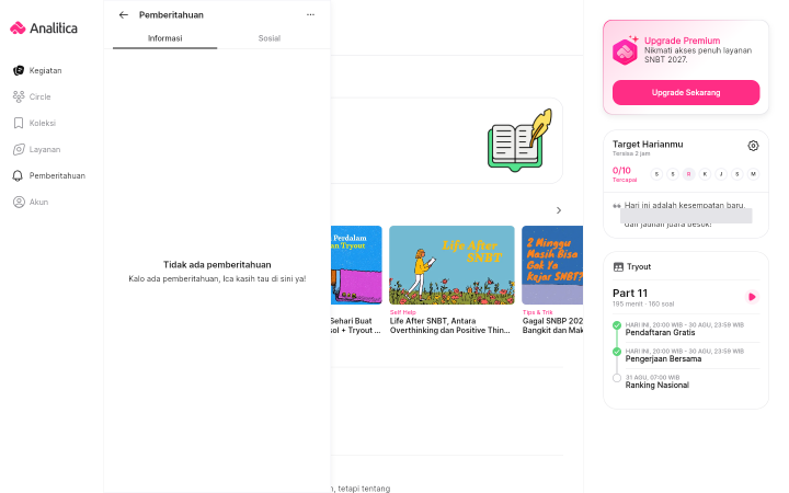 Bagian pemberitahuan dengan tab Informasi dan Sosial dalam kondisi tidak ada pemberitahuan.