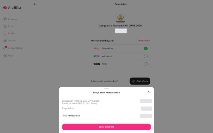 Periksa nama paket, Biaya Admin, dan Total Pembayaran sebelum membayar. Nominal pada contoh disamarkan.