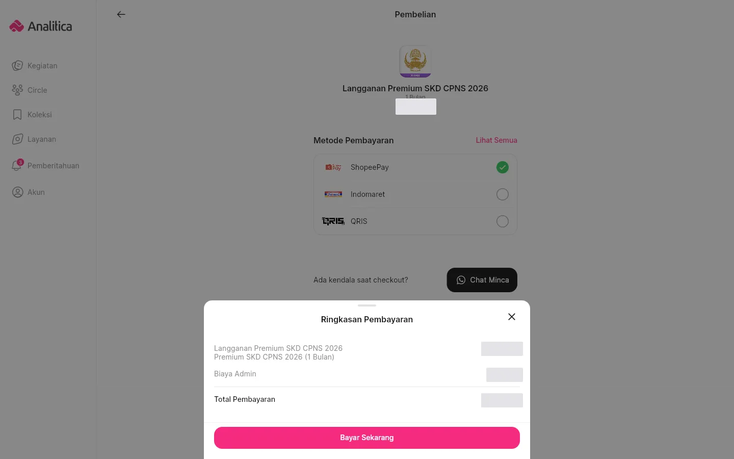 Ringkasan Pembayaran memisahkan harga paket, Biaya Admin, dan Total Pembayaran.