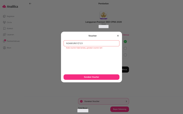 Kotak Voucher dengan kolom isian bergaris merah dan pesan error merah di bawahnya.