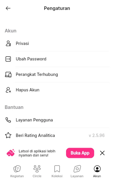 Nomor versi berada di kanan Beri Rating Analitica; Layanan Pengguna ada tepat di atasnya.