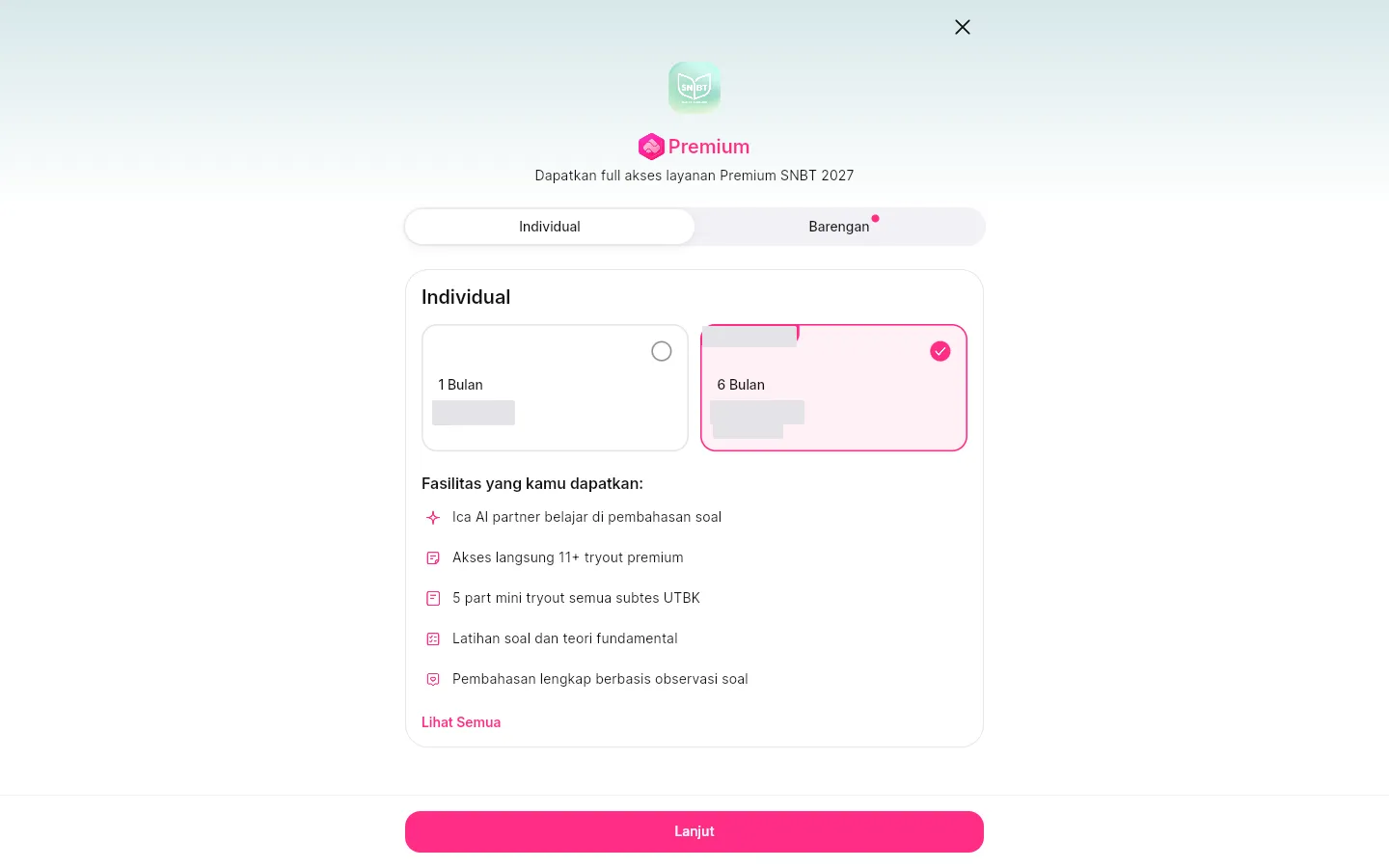 Jendela Premium sebuah layanan dengan dua tab, Individual dan Barengan, di bawah judulnya.