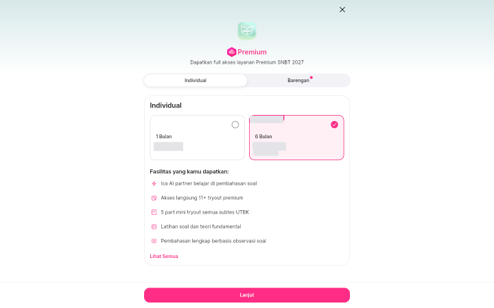 Jendela Premium sebuah layanan dengan dua tab, Individual dan Barengan, di bawah judulnya.