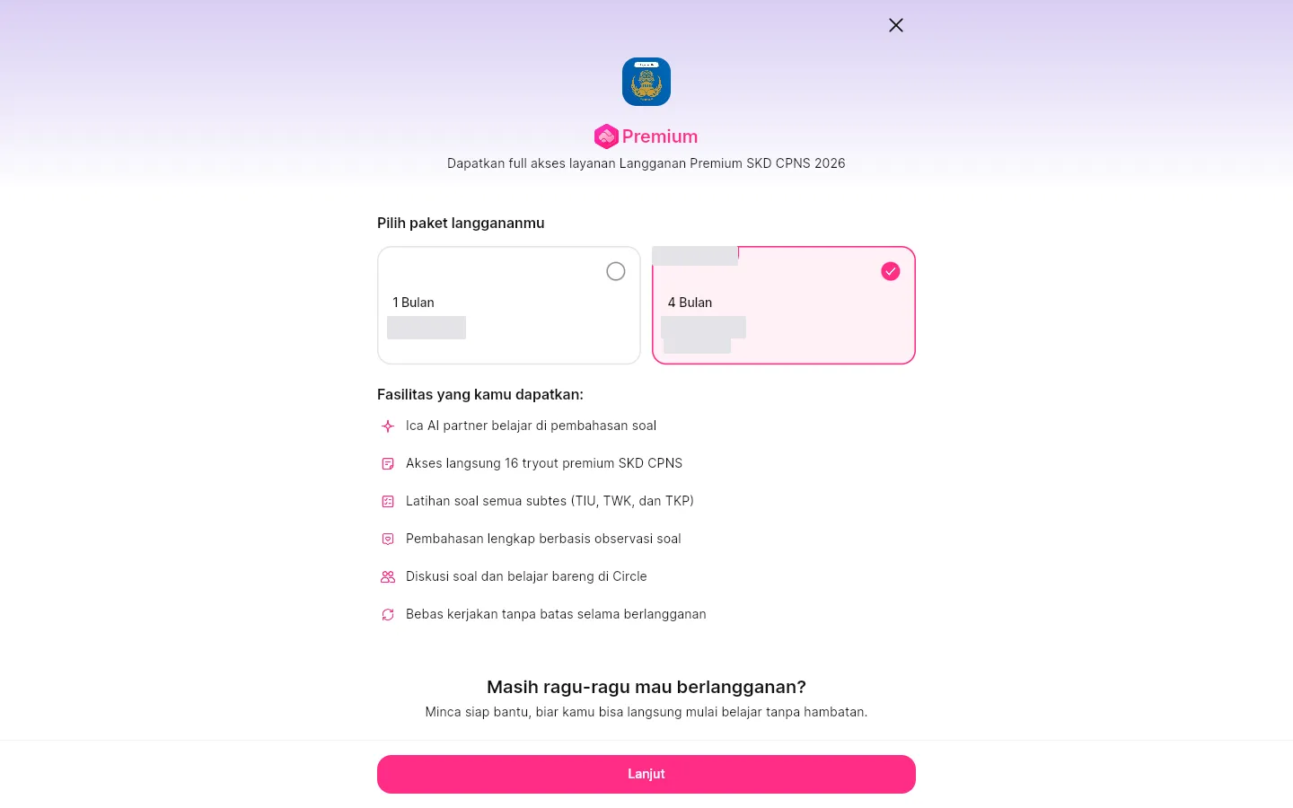Jendela Premium sebuah layanan tanpa tab, langsung menampilkan judul Pilih paket langgananmu.