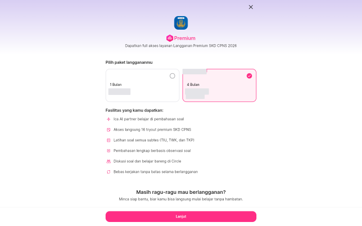Jendela Premium dengan pilihan kartu durasi berdampingan dan daftar fasilitas langganan.