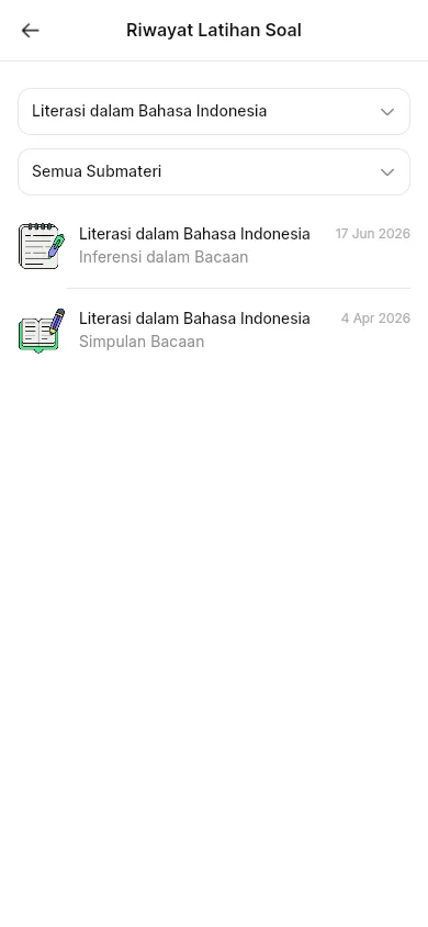 Riwayat Latihan Soal menampilkan penyaring materi dan submateri di atas daftar sesi.
