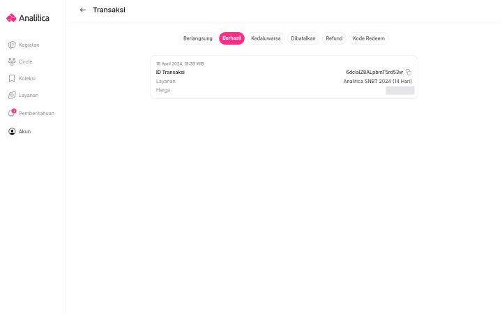 Halaman Transaksi pada tab Berhasil, memperlihatkan satu kartu berisi tanggal, ID Transaksi dengan tombol salin, nama layanan, dan harga.