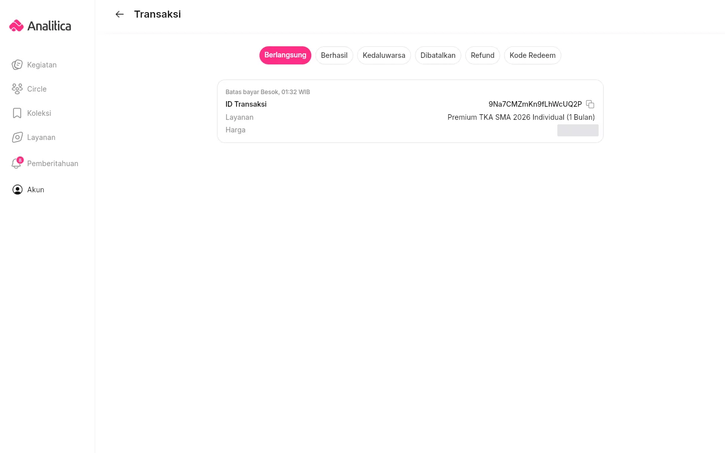 Kartu Berlangsung memuat batas bayar dan dapat dibuka untuk melihat instruksi pembayaran.