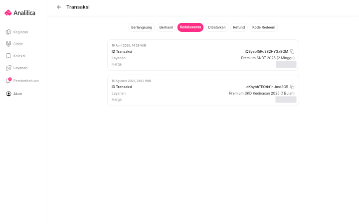 Halaman Transaksi dengan tab Kedaluwarsa terpilih, memperlihatkan dua kartu transaksi berisi tanggal, baris ID Transaksi, nama layanan, dan baris Harga.