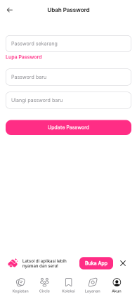 Layar Ubah Password berisi kolom Password sekarang, tautan Lupa Password, kolom Password baru dan Ulangi password baru, serta tombol Update Password.