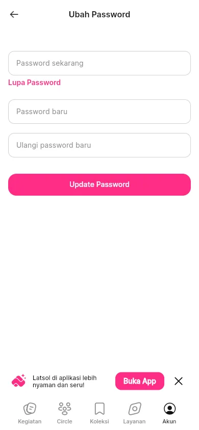 Formulir Ubah Password meminta password sekarang dan dua isian password baru.